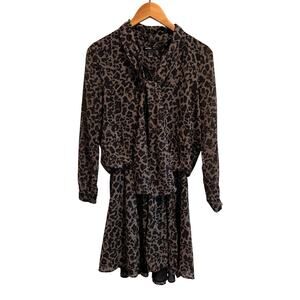 Mango Suit Tie Front Leopard Print Long Sleeve Mini Dress Size 2